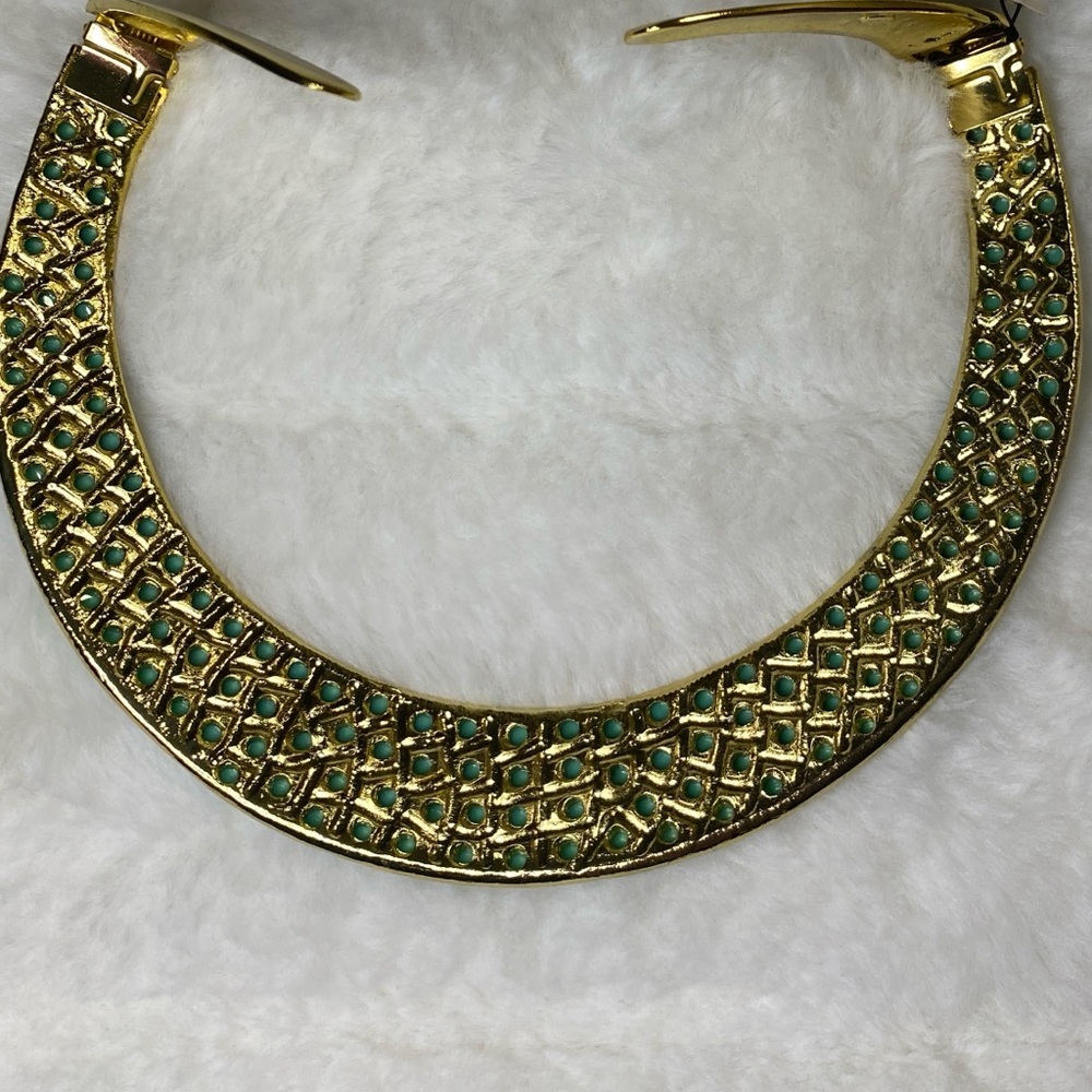NWT RARE KENNETH JAY LANE TURQUOISE CABOCHON GOLD COLLAR NECKLACE - Picture 6 of 6